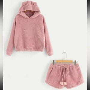 NWOT SHEIN Cartoon Print Letter Teddy Coat & Shorts Set